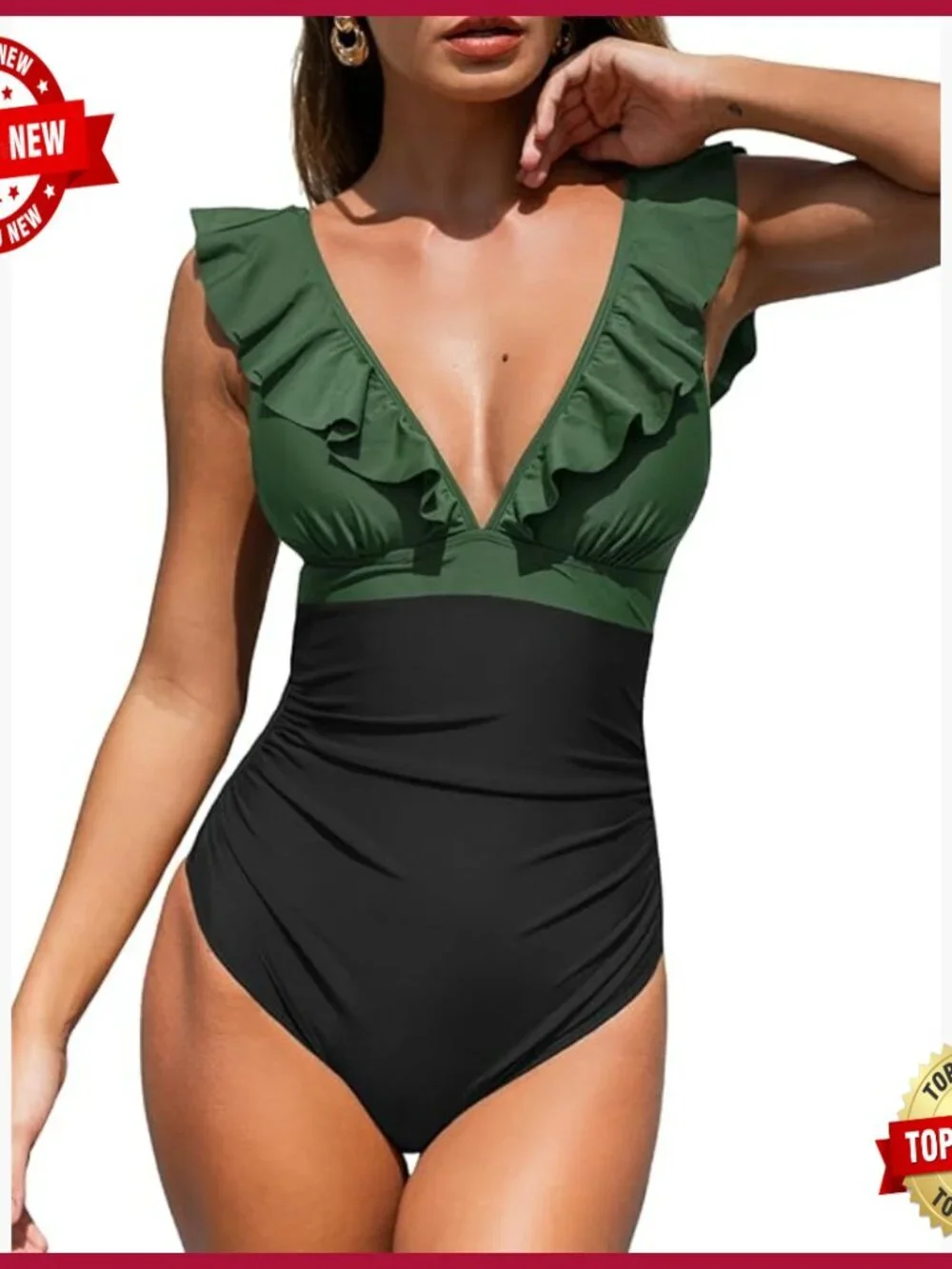 Large One Piece Swimsuit with Ruffle and Lace Up Back Tummy Control